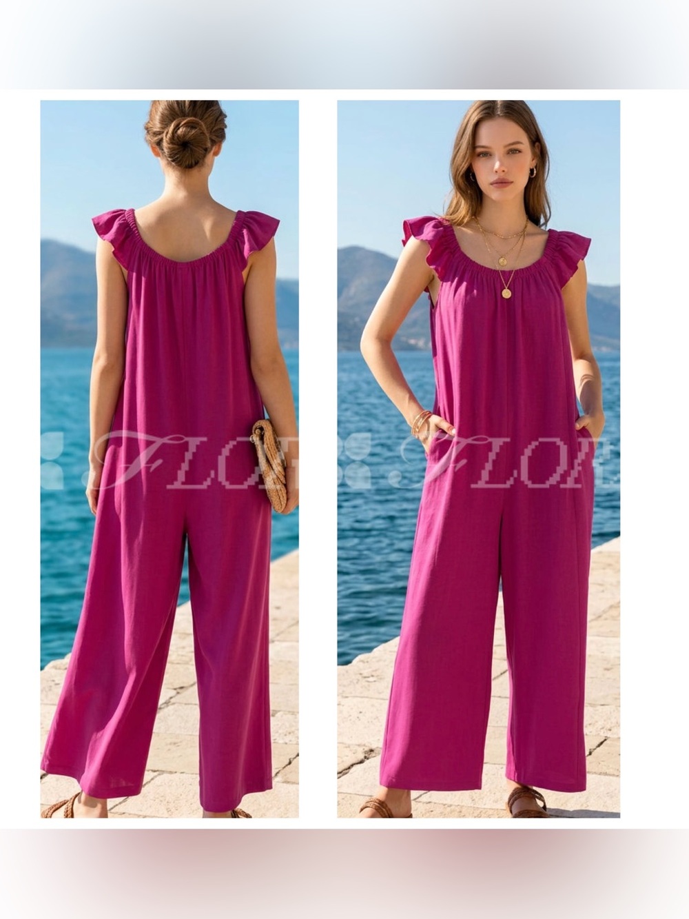 Zesica Women’s Sz L Cap sleeve Ruffle-Shoulder Loose Wide-Leg pull on Jumpsuit